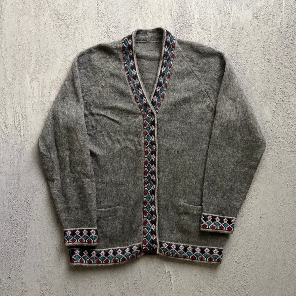 Vintage Mohair Cardigan Sweater Large Grey 1970s Nordic Wool Mohair Style